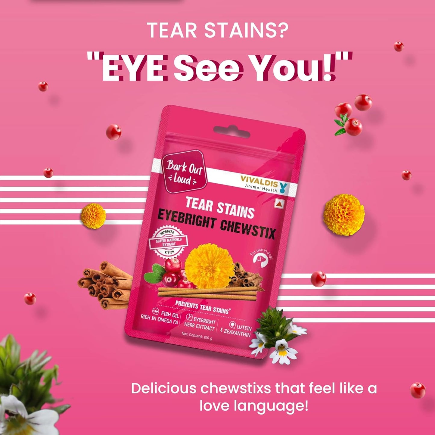 Bark Out Loud by Vivaldis - Tear Stains Eyebright Chewstix | Active Marigold Extract, Rich in Omega FA for Dog, 100 gm Dog Treats