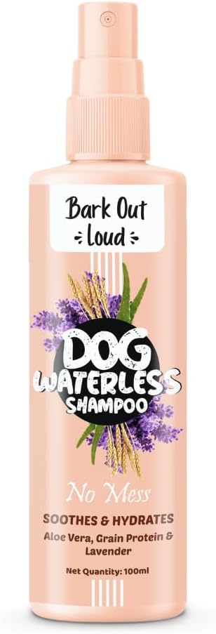Bark out Loud by Vivaldis -Waterless Dog Dry Shampoo/Spray, No Rinse Cleansing, with Aloevera, Grain Protein, Lavender, Anti bacterial, Itch Relief Formula for Coat Care (100ml)