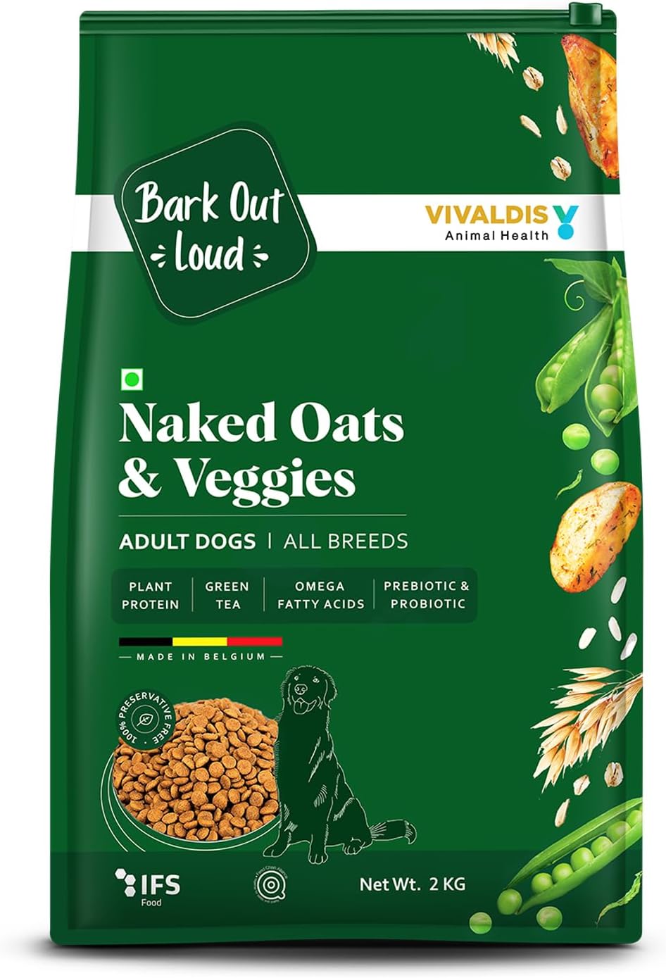 BARK OUT LOUD By Vivaldis-Naked Oats & Veggies, Veg Dry Adult Dog Food For All Breeds 9Kgs+, Rich In Plant Protein, Prebiotics & Probiotics, Vitamins & Fibre, 2Kg