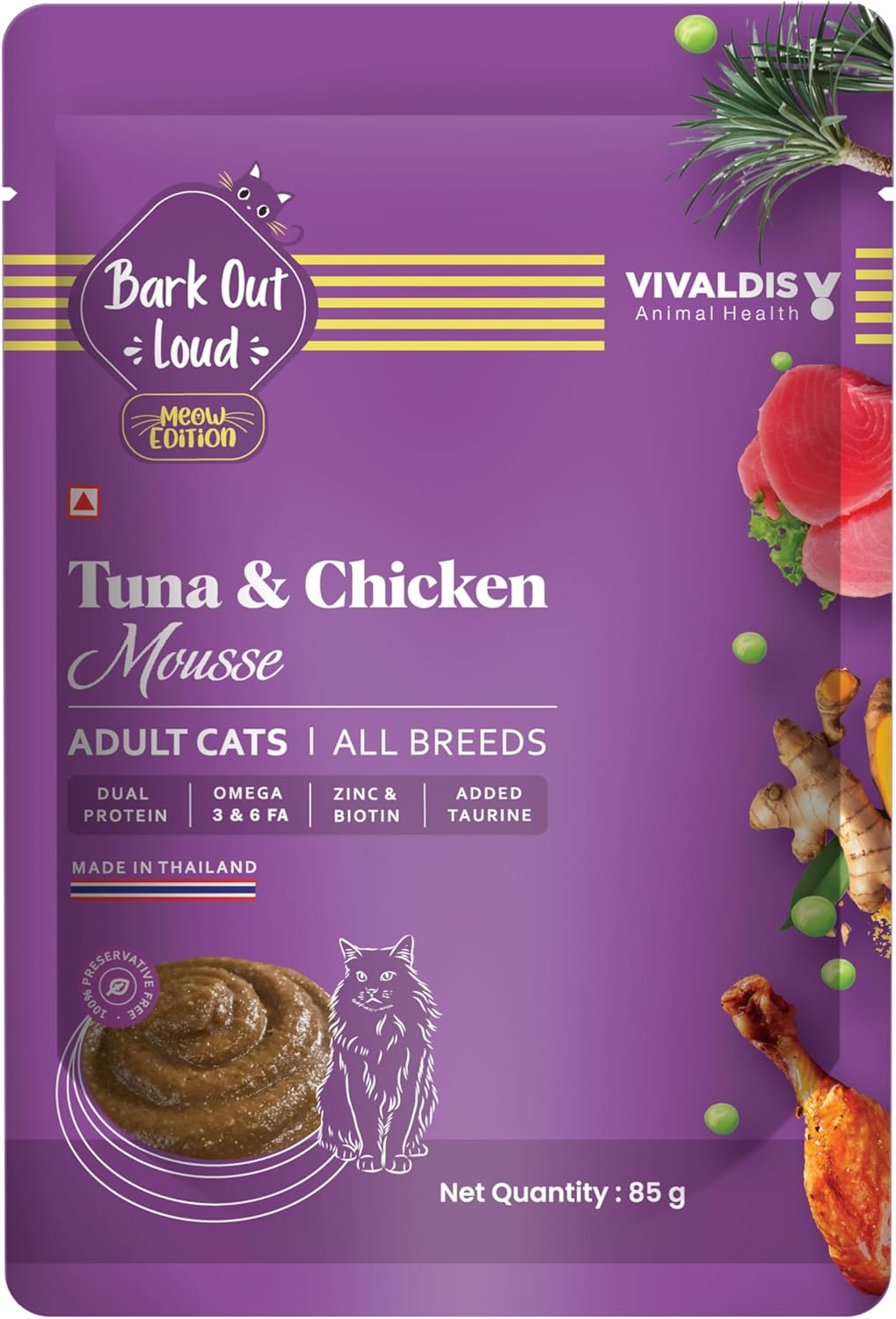 Bark Out Loud - Fresh Tuna & Chicken Mousse Wet Cat Food, Protein, Salmon Oil Omega Goodness, Gravy Feast for Adult Cats Pack - 85gs