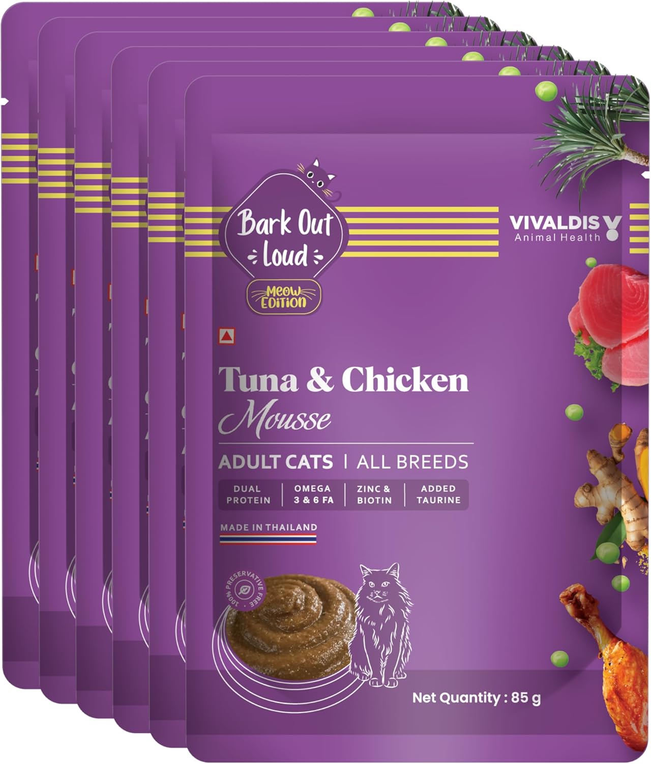 BARK OUT LOUD - Wet Cat Food Gravy, Fresh Tuna & Chicken Mousse with Protein, Salmon Oil, and Omega Goodness, Feast for Adult Cats, Pack of 6 (85g x 6)