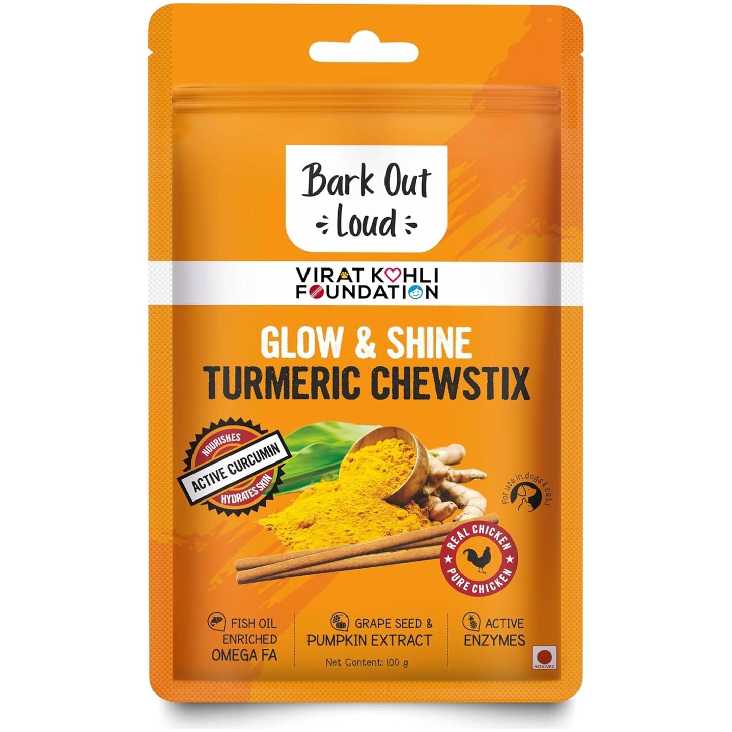 Bark out Loud by Vivaldis Glow & Shine Turmeric Chewstix - Fresh Chicken Stick Treats with Pumpkin & Grape Seed Extract for Shiny Skin & Coat- Dogs & Cats of All Life Stages 100g