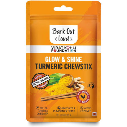 Bark out Loud by Vivaldis Glow & Shine Turmeric Chewstix - Fresh Chicken Stick Treats with Pumpkin & Grape Seed Extract for Shiny Skin & Coat- Dogs & Cats of All Life Stages 100g