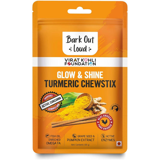 Bark out Loud by Vivaldis Glow & Shine Turmeric Chewstix - Fresh Chicken Stick Treats with Pumpkin & Grape Seed Extract for Shiny Skin & Coat- Dogs & Cats of All Life Stages 100g