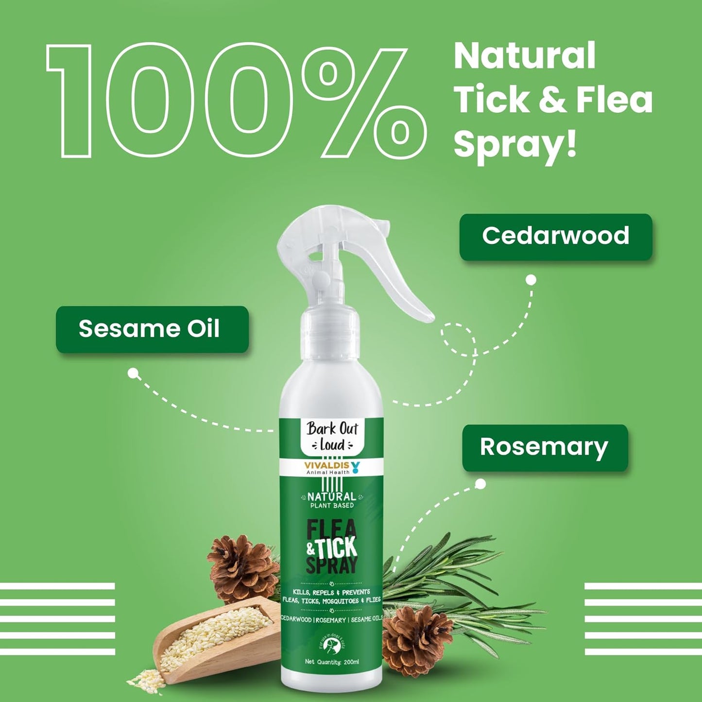 Bark Out Loud by Vivaldis - Natural Tick & Flea Spray for Dogs and Cats, Gentle on Skin, ensures Healthy Coat in Dogs & Cats 200ml