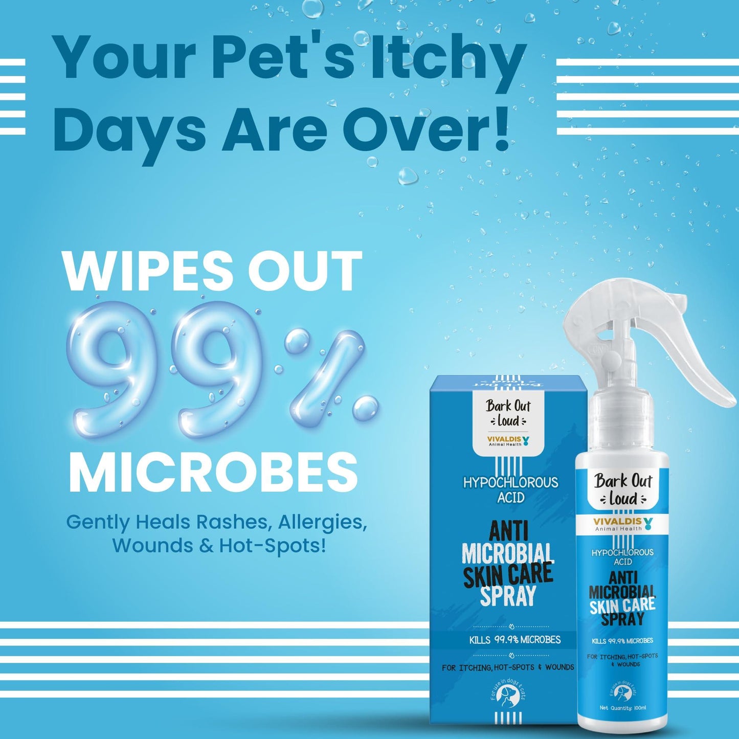 Bark Out Loud by Vivaldis Antimicrobial Skin Spray | for Itching, Hot Spots, Allergies & Wounds | Kills 99.9% Microbes in Dogs & Cats 100 ml, 1 Piece