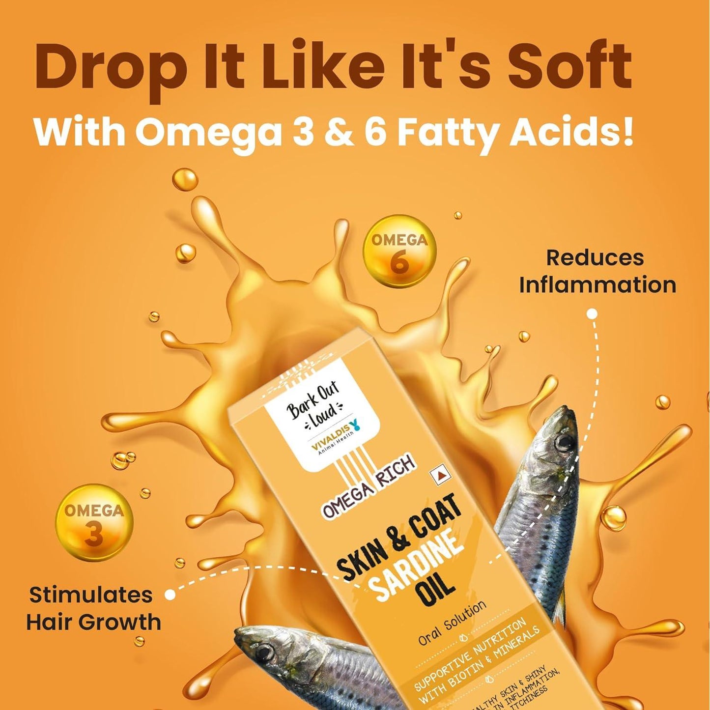 Bark Out Loud by Vivaldis, Skin & Coat Sardine Oil - for Healthy Skin, a Glowing Coat & Boosted Immunity, with Omega 3 & 6, Biotin & Zinc (Dogs & Cats) 200ml