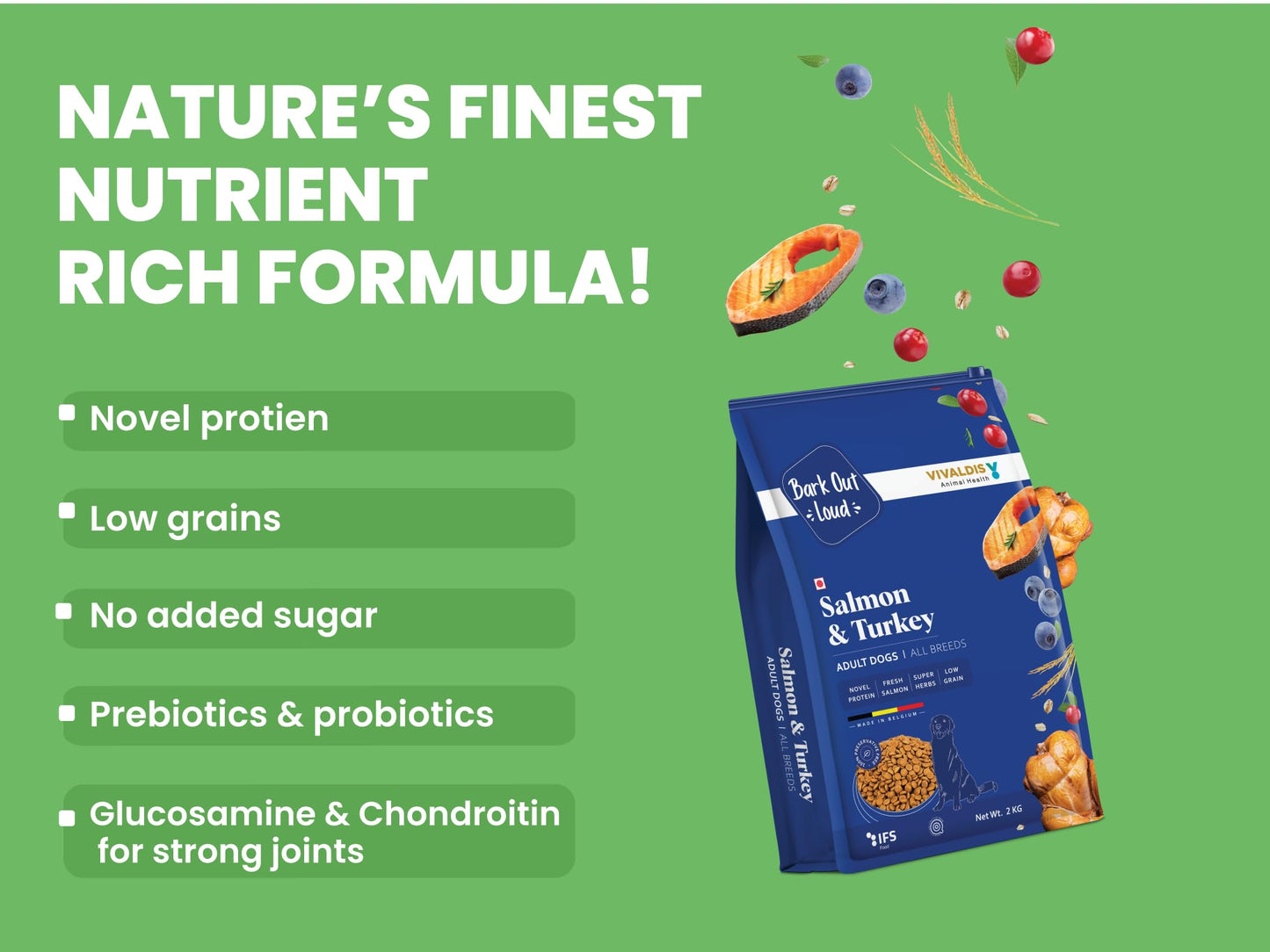 Bark Out Loud by Vivaldis - Salmon & Turkey, Adult Dry Dog Food, Low Grain, Hypoallergenic, Rich in Novel Protein and Prebiotics, Fresh Salmon, Super Herbs, All 9kg Breeds & Above (2kg Pack)