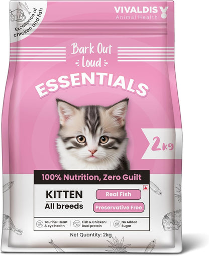 Essentials by Bark Out Loud - Dry Kitten Food, Tailored Nutrition for Kittens, Fish & Chicken Kibbles with Added Taurine (2kg)