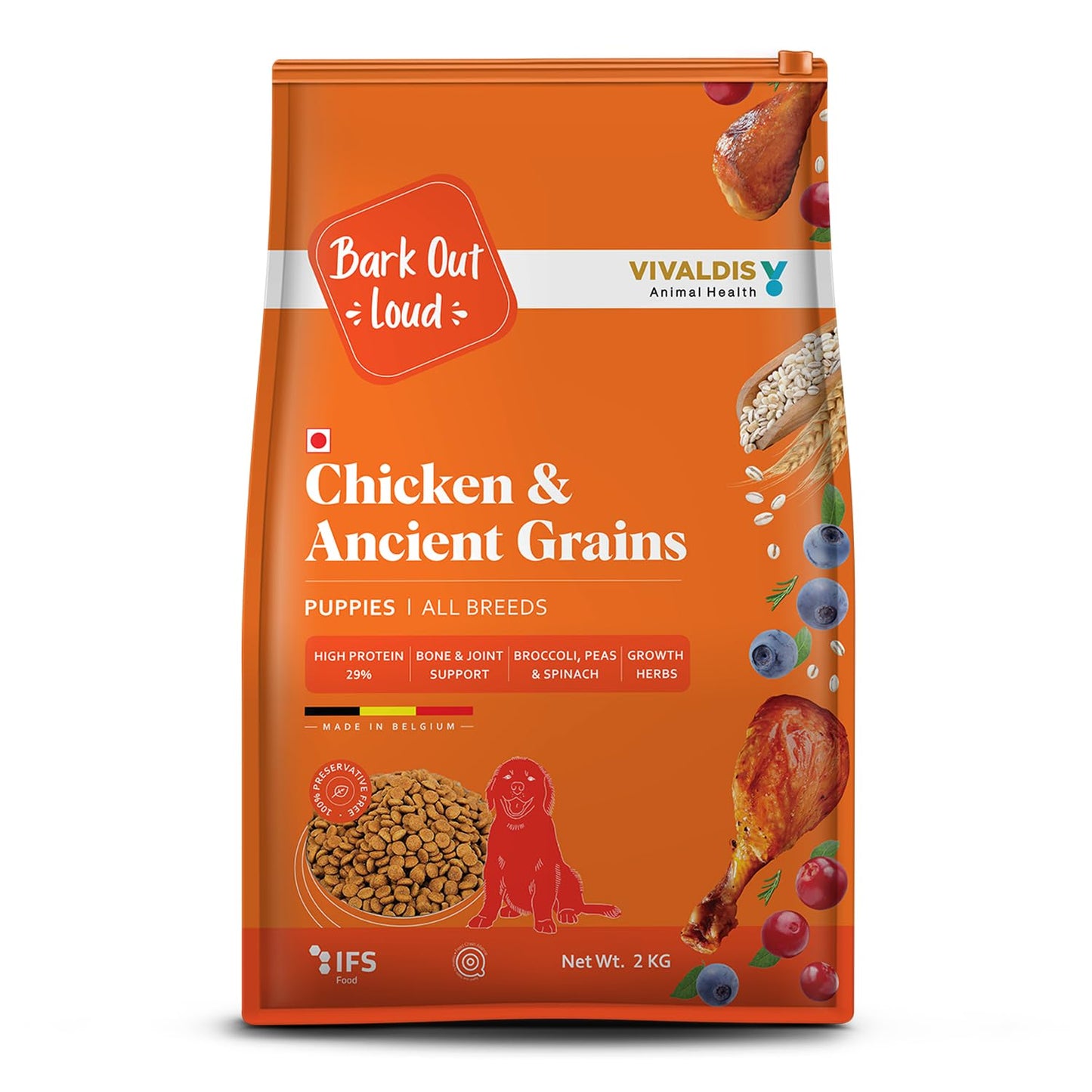 Bark Out Loud by Vivaldis - Chicken & Ancient Grains Puppy Dry Dog Food for All Breeds, Rich in Chicken Protein, Nutrients, Antioxidant and Growth Herbs, 2kg Pack