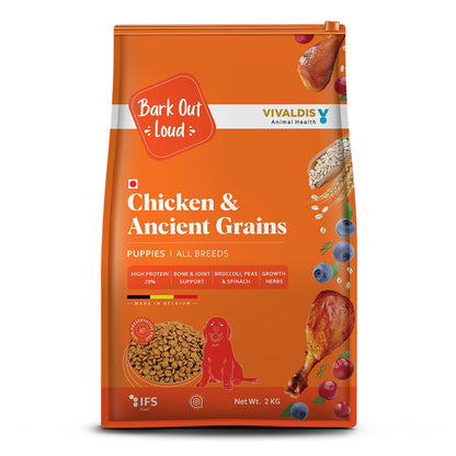 Bark Out Loud by Vivaldis - Chicken & Ancient Grains Puppy Dry Dog Food for All Breeds, Rich in Chicken Protein, Nutrients, Antioxidant and Growth Herbs, 2kg Pack