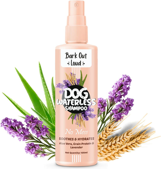Bark out Loud by Vivaldis -Waterless Dog Dry Shampoo/Spray, No Rinse Cleansing, with Aloevera, Grain Protein, Lavender, Anti bacterial, Itch Relief Formula for Coat Care (100ml)