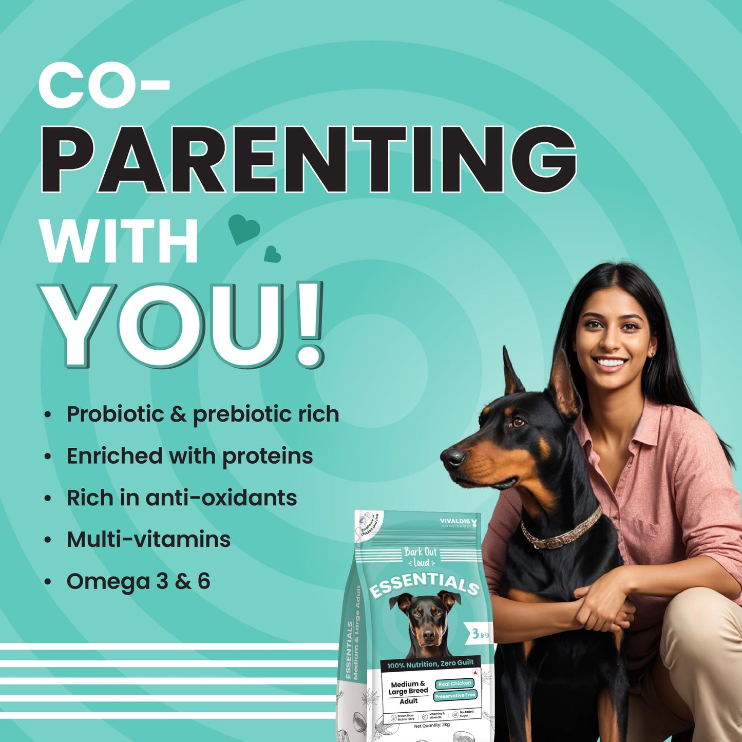 BARK OUT LOUD ESSENTIALS , Vivaldis - Adult Dry Dog Food, Tailored Nutrition for Medium Large Breeds, Chicken & Egg, Kibbles with Prebiotics, Fish Oil for Immunity (3kg)