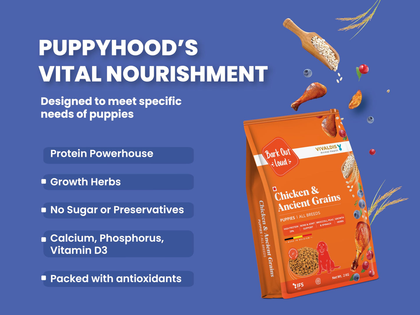 Bark Out Loud by Vivaldis - Chicken & Ancient Grains Puppy Dry Dog Food for All Breeds, Rich in Chicken Protein, Nutrients, Antioxidant and Growth Herbs, 2kg Pack