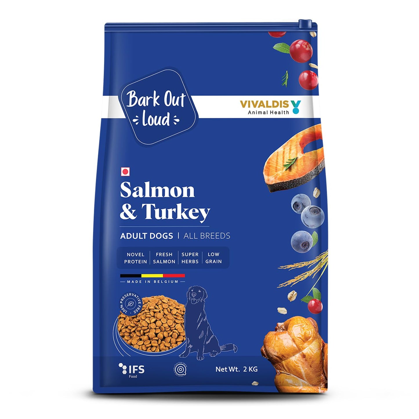 Bark Out Loud by Vivaldis - Salmon & Turkey, Adult Dry Dog Food, Low Grain, Hypoallergenic, Rich in Novel Protein and Prebiotics, Fresh Salmon, Super Herbs, All 9kg Breeds & Above (2kg Pack)