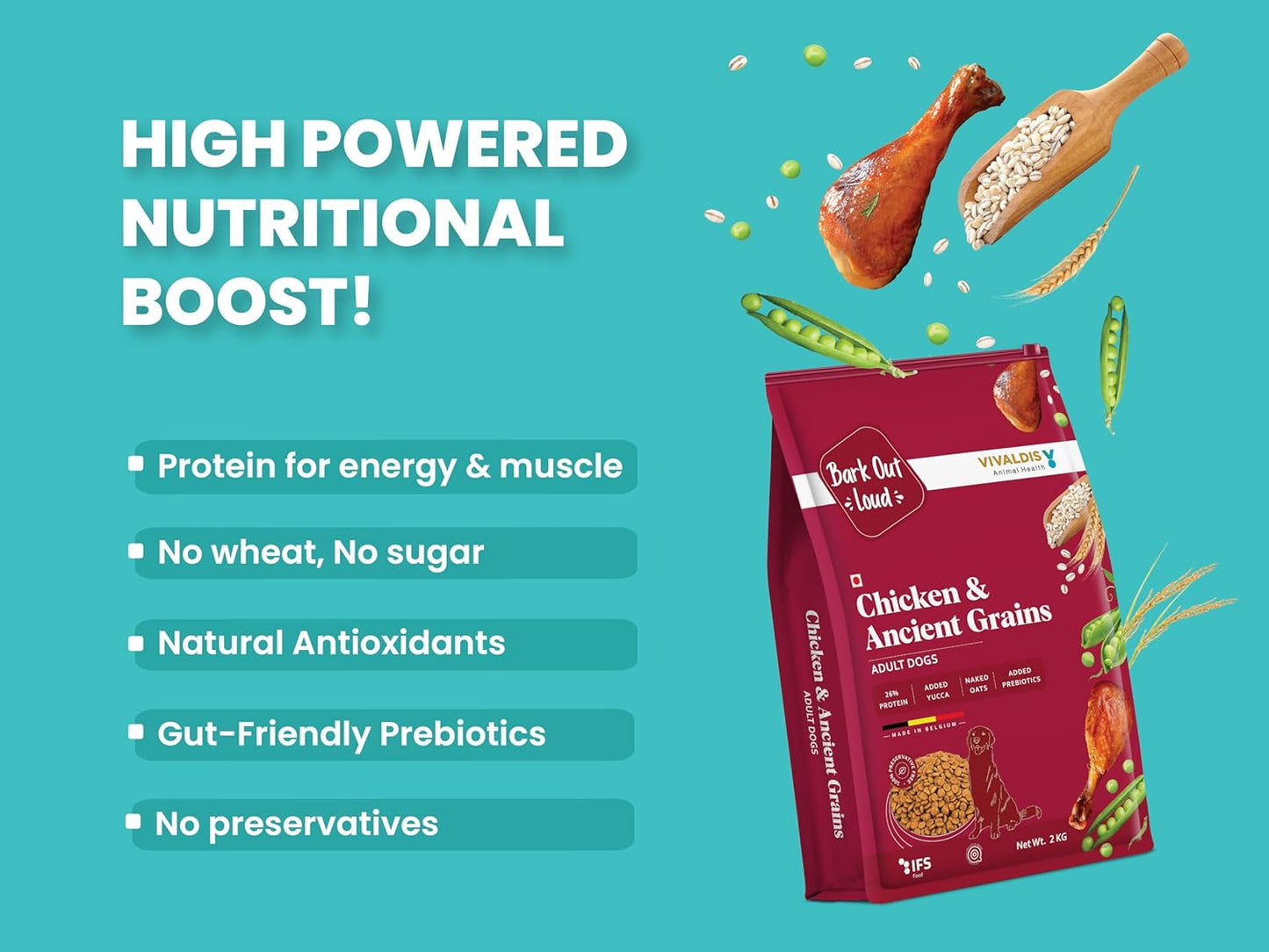 Bark Out Loud by Vivaldis - Chicken & Ancient Grains, Adult Dry Dog Food Rich in Protein, Antioxidants Fibre, Prebiotics & Herbs for 8kg+ Medium & Large Dogs - (Pack of 2 kg)