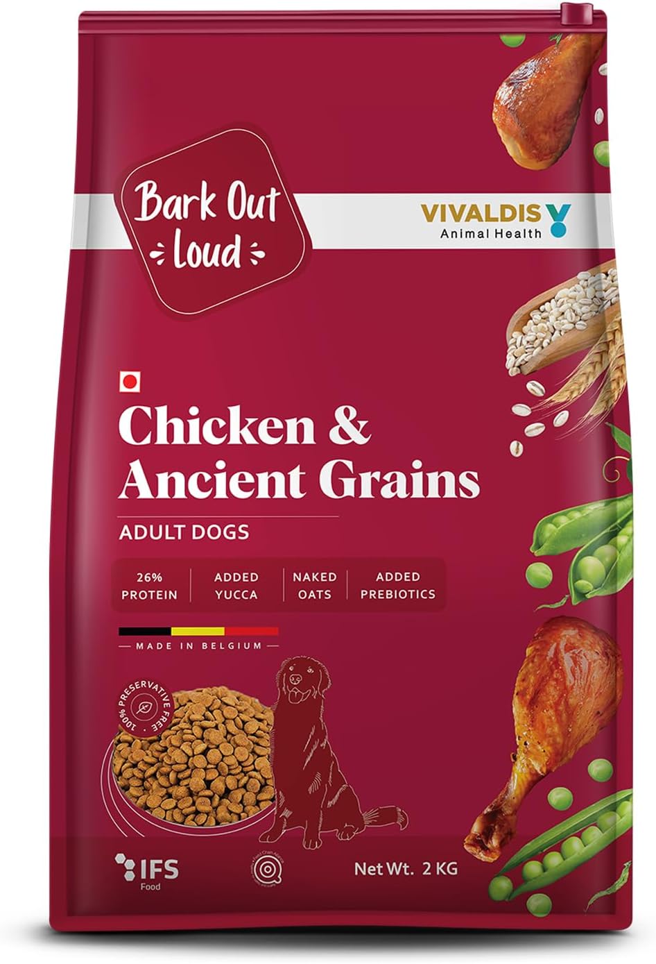 Bark Out Loud by Vivaldis - Chicken & Ancient Grains, Adult Dry Dog Food Rich in Protein, Antioxidants Fibre, Prebiotics & Herbs for 8kg+ Medium & Large Dogs - (Pack of 2 kg)