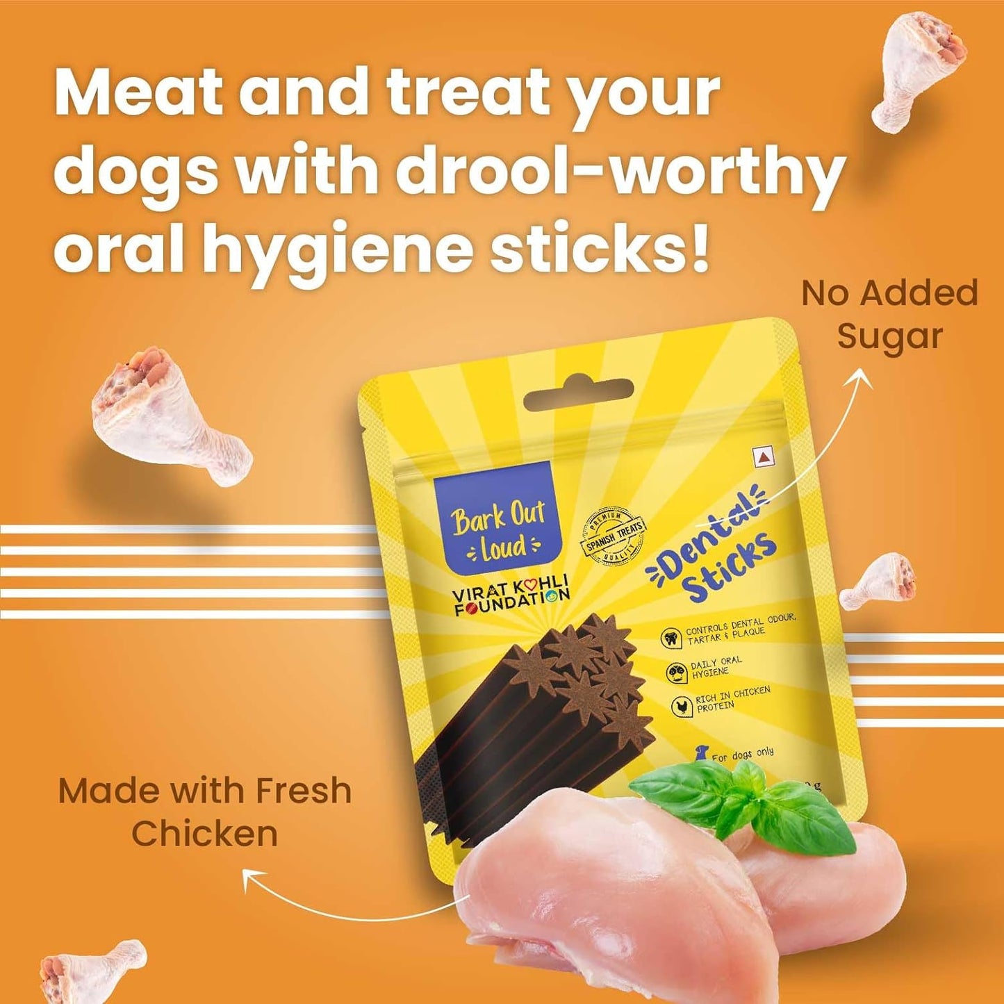Bark Out Loud by Vivaldis - Dental Sticks Sugar Free Adult Dog Treats Controls Plaque Tartar & Odourfor Dog Oral Care Chicken Dog Treats 110 GMS