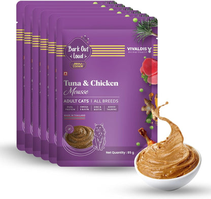 BARK OUT LOUD - Wet Cat Food Gravy, Fresh Tuna & Chicken Mousse with Protein, Salmon Oil, and Omega Goodness, Feast for Adult Cats, Pack of 6 (85g x 6)