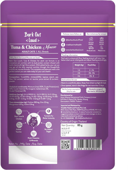 BARK OUT LOUD - Wet Cat Food Gravy, Fresh Tuna & Chicken Mousse with Protein, Salmon Oil, and Omega Goodness, Feast for Adult Cats, Pack of 6 (85g x 6)