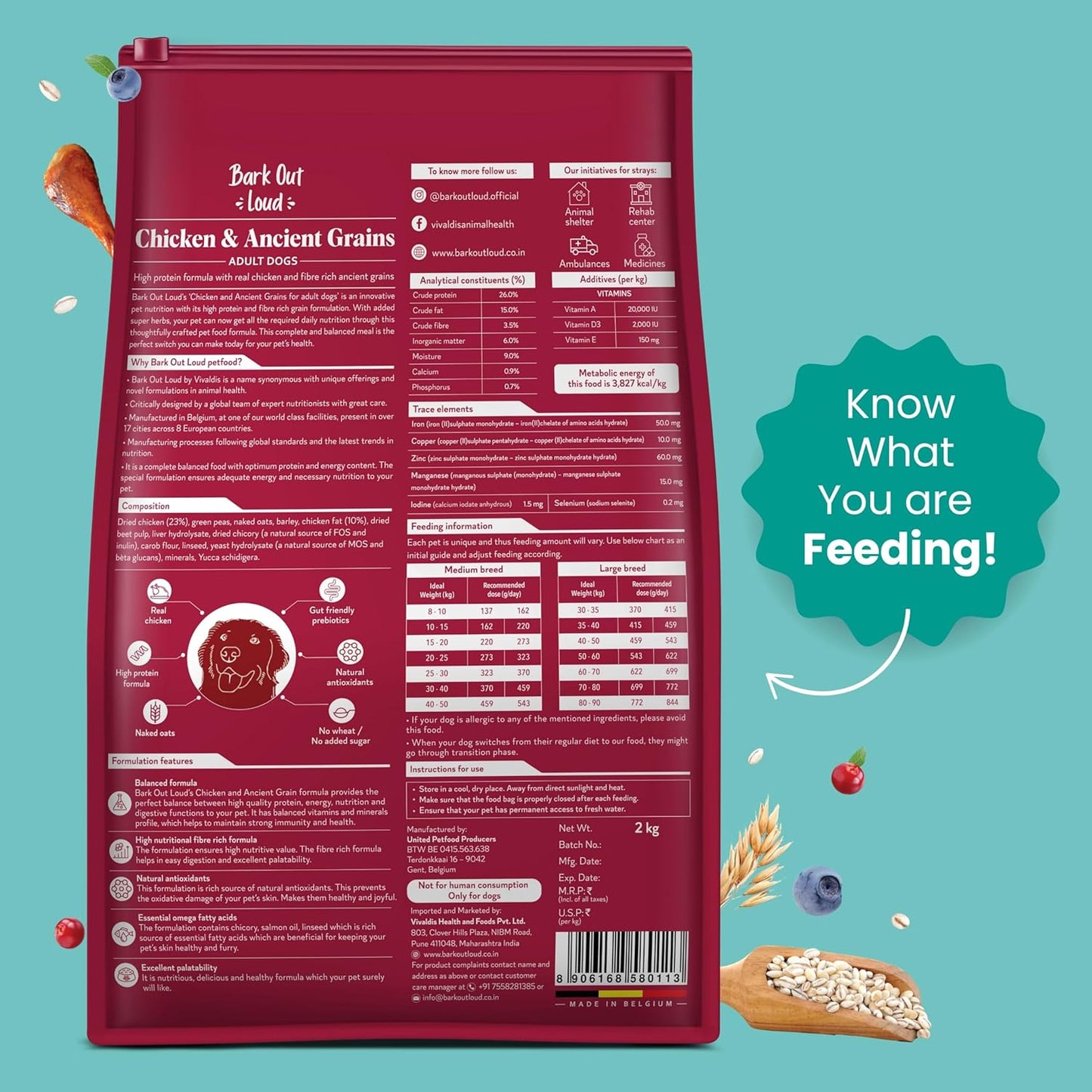 Bark Out Loud by Vivaldis - Chicken & Ancient Grains, Adult Dry Dog Food Rich in Protein, Antioxidants Fibre, Prebiotics & Herbs for 8kg+ Medium & Large Dogs - (Pack of 2 kg)