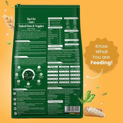 BARK OUT LOUD By Vivaldis-Naked Oats & Veggies, Veg Dry Adult Dog Food For All Breeds 9Kgs+, Rich In Plant Protein, Prebiotics & Probiotics, Vitamins & Fibre, 2Kg