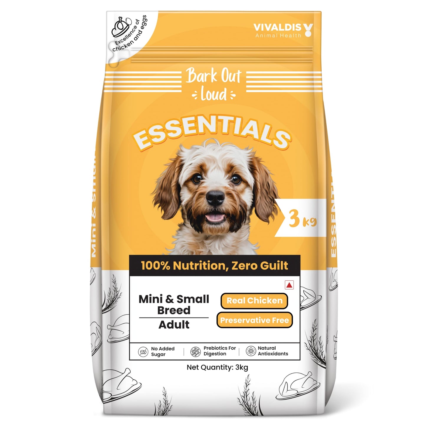 BARK OUT LOUD ESSENTIALS ,Vivaldis - Adult Dry Dog Food, Tailored Nutrition for Mini & Small Breeds, Chicken & Egg Prebiotics, Fish Oil for Immunity (3kg)