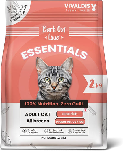BARK OUT LOUD - Essentials Adult Dry Cat Food, Tailored Nutrition with Fish &Chicken, Kibbles Prebiotics, Hairball Control, Tuna Oil (2kg)