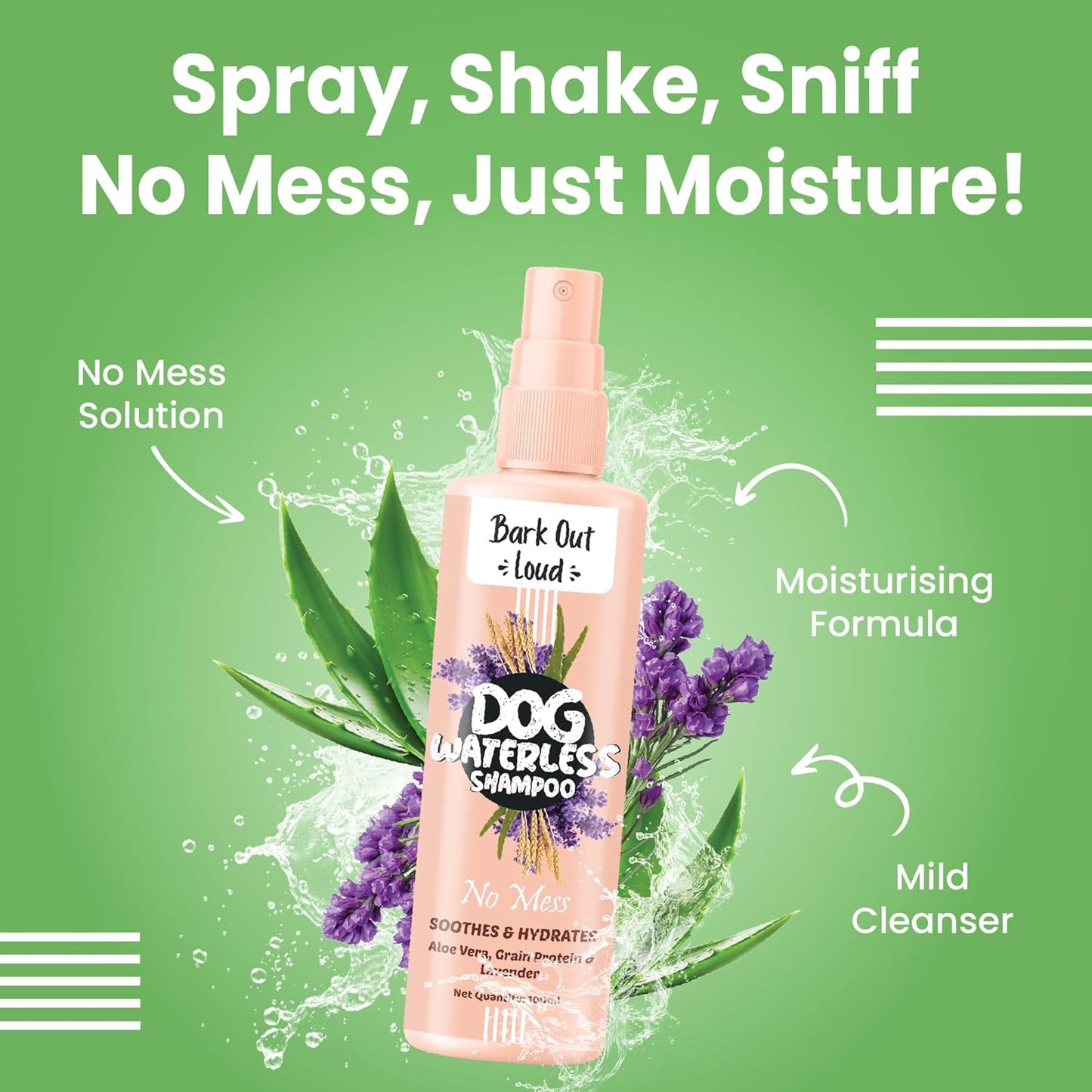 Bark out Loud by Vivaldis -Waterless Dog Dry Shampoo/Spray, No Rinse Cleansing, with Aloevera, Grain Protein, Lavender, Anti bacterial, Itch Relief Formula for Coat Care (100ml)