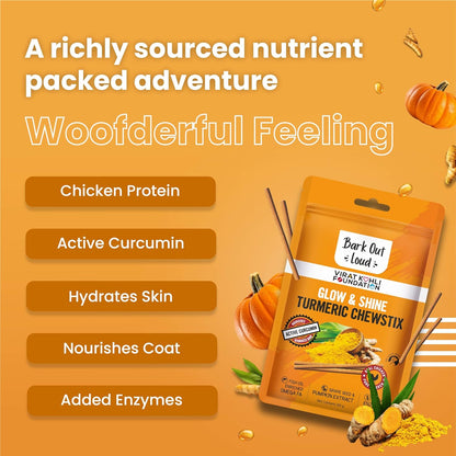 Bark out Loud by Vivaldis Glow & Shine Turmeric Chewstix - Fresh Chicken Stick Treats with Pumpkin & Grape Seed Extract for Shiny Skin & Coat- Dogs & Cats of All Life Stages 100g