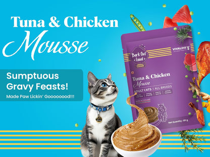 BARK OUT LOUD - Wet Cat Food Gravy, Fresh Tuna & Chicken Mousse with Protein, Salmon Oil, and Omega Goodness, Feast for Adult Cats, Pack of 6 (85g x 6)