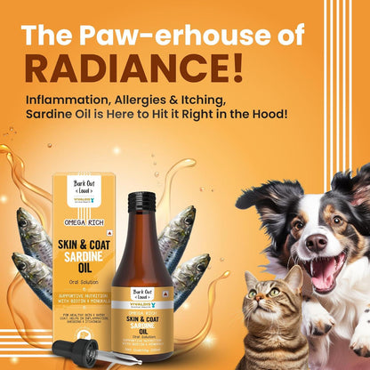 Bark Out Loud by Vivaldis, Skin & Coat Sardine Oil - for Healthy Skin, a Glowing Coat & Boosted Immunity, with Omega 3 & 6, Biotin & Zinc (Dogs & Cats) 200ml