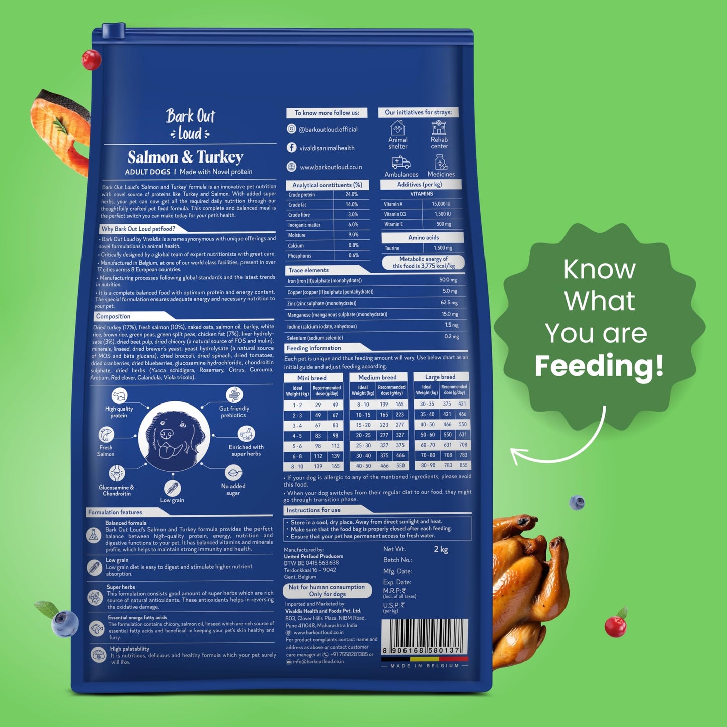 Bark Out Loud by Vivaldis - Salmon & Turkey, Adult Dry Dog Food, Low Grain, Hypoallergenic, Rich in Novel Protein and Prebiotics, Fresh Salmon, Super Herbs, All 9kg Breeds & Above (2kg Pack)