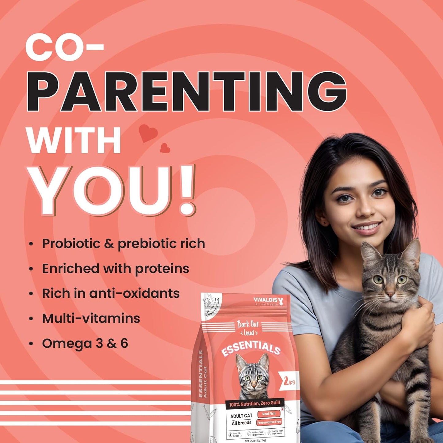 BARK OUT LOUD - Essentials Adult Dry Cat Food, Tailored Nutrition with Fish &Chicken, Kibbles Prebiotics, Hairball Control, Tuna Oil (2kg)