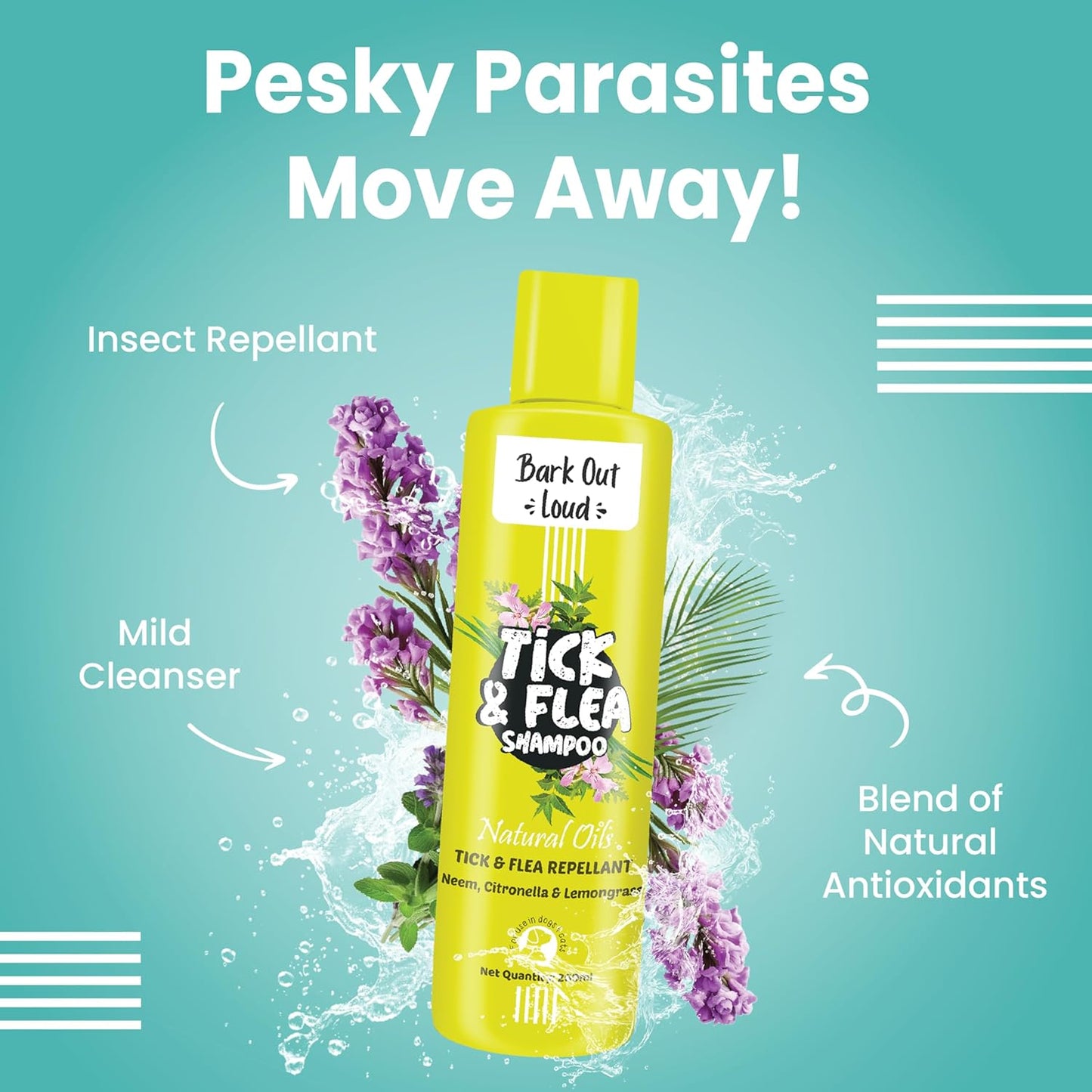 Bark Out Loud by Vivaldis - Tick & flea Shampoo for Dogs & Cats, with Neem & Citronella, kills and repels parasites, itch-relief formula shampoo for cats & dogs - 200ml