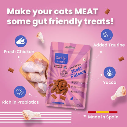 BARK Out Loud by Vivaldis - Cat Pillows for Sensitive Gut Chicken Treats | Dried Krill, Prebiotics, Taurine, Vitamin E 100G, Adult