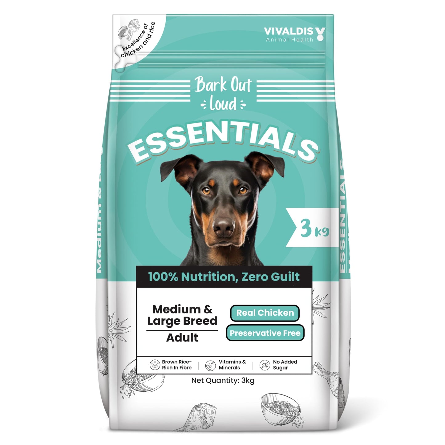 BARK OUT LOUD ESSENTIALS , Vivaldis - Adult Dry Dog Food, Tailored Nutrition for Medium Large Breeds, Chicken & Egg, Kibbles with Prebiotics, Fish Oil for Immunity (3kg)