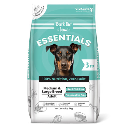 BARK OUT LOUD ESSENTIALS , Vivaldis - Adult Dry Dog Food, Tailored Nutrition for Medium Large Breeds, Chicken & Egg, Kibbles with Prebiotics, Fish Oil for Immunity (3kg)
